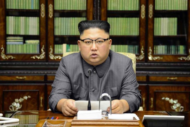 North Korean leader Kim Jong-Un delivering a statement in Pyongyang as regards to a speech made by the president of the United States of America at the United Nations General Assembly
