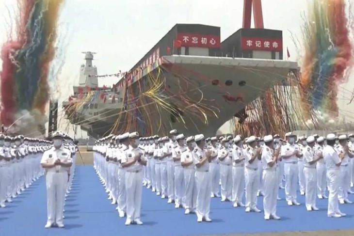 This screen grab shows the launch ceremony of the Fujian